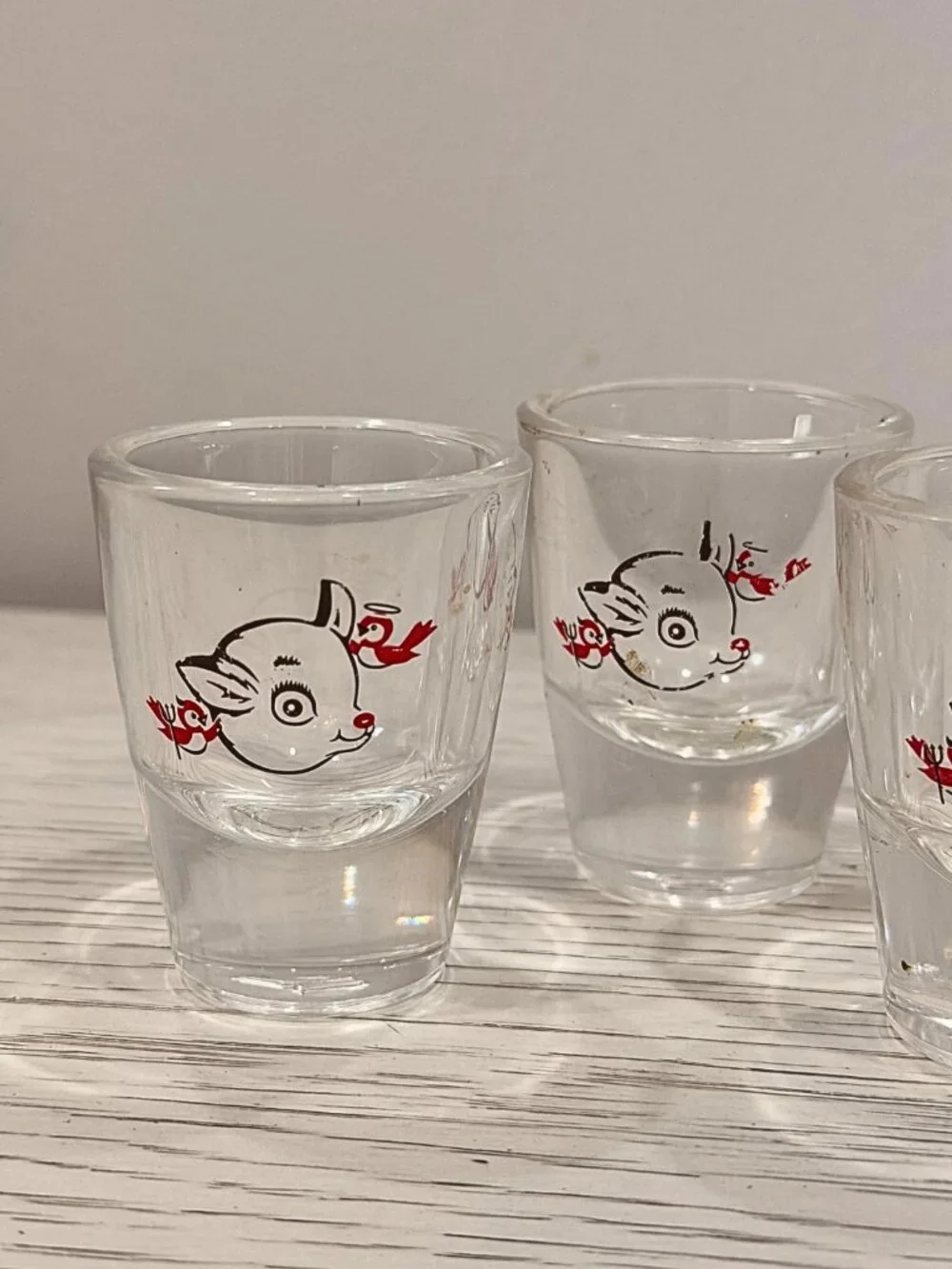 Vintage Set of 6 Rudolph the Red Nose Reindeer Christmas Shot Glasses Holiday